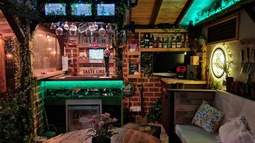 Cozy home bar with green lighting and rustic wooden decor.