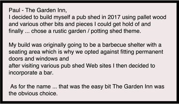 Paul built a rustic garden pub shed called The Garden Inn in 2017 using pallet wood.