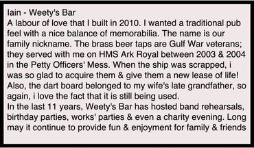 A heartfelt description of Weety's Bar, a traditional pub built in 2010 with personal memorabilia and a family nickname.