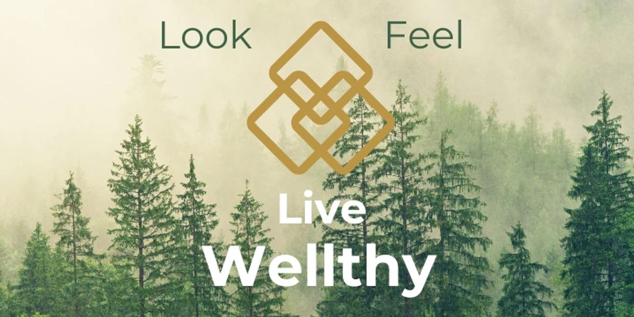 Logo with a nature background and words Look, Feel, Live Wellthy.