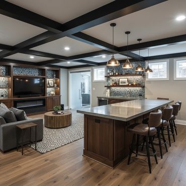 Modern basement with bar, seating area, and TV entertainment.
