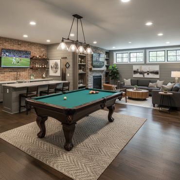 Modern game room with pool table, bar, and cozy seating area.