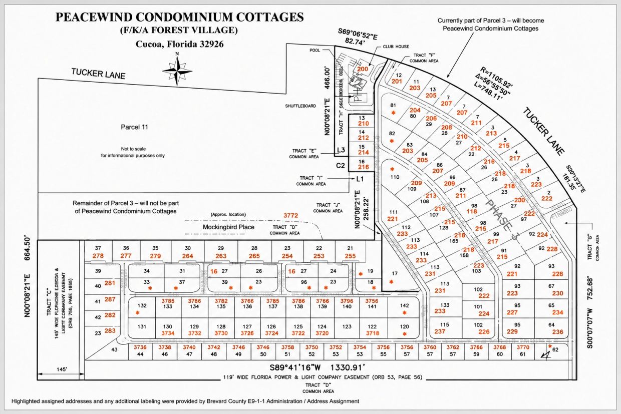 Layout map of Peacewind Condominium Cottages with parcel numbers and common areas.