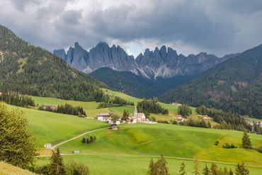 View of St. Magdalena with the Dolomites in the background