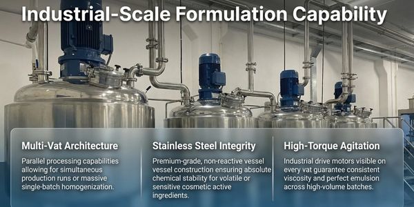 Industrial-scale stainless steel vessels with advanced formulation features in a processing plant.