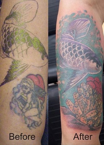 Sealacamp and coral cover up tattoo by Rockwood at Big Island Tattoo
