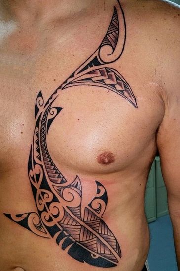 Custom designed Polynesian shark tattoo by Rockwood at Big Island Tattoo