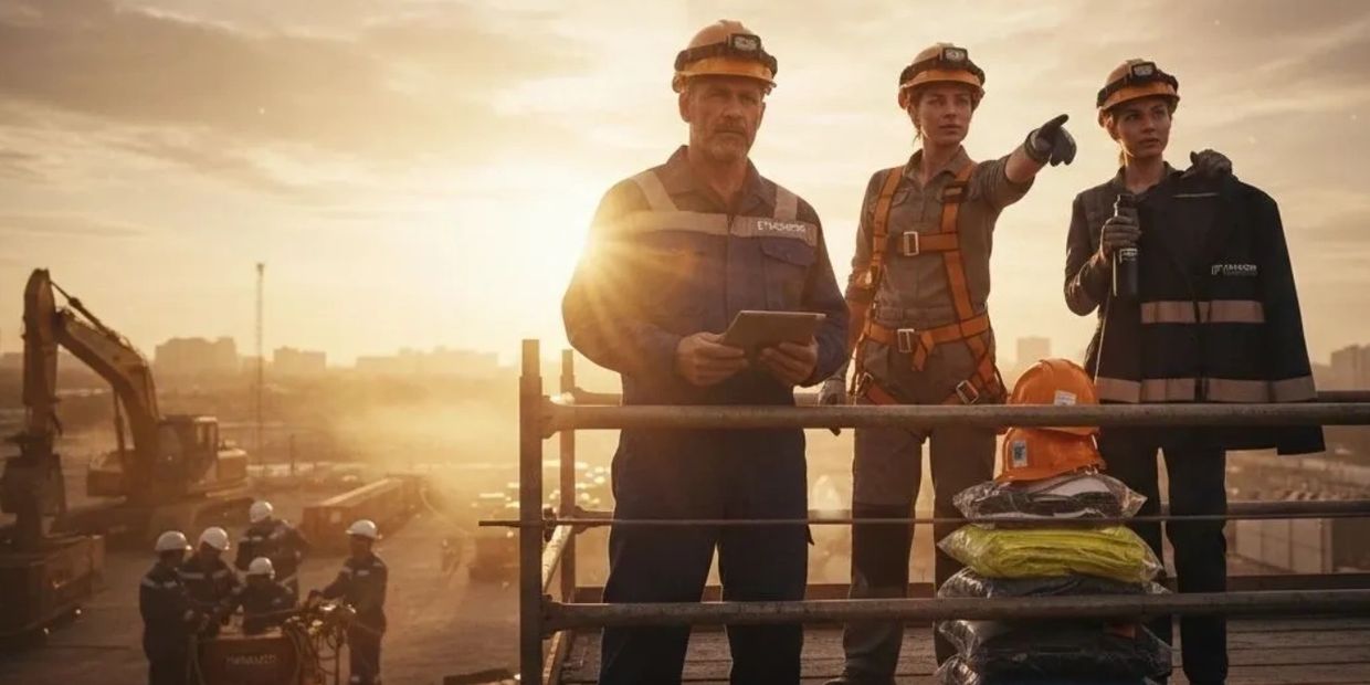 Construction workers discussing plans at a job site during sunset.