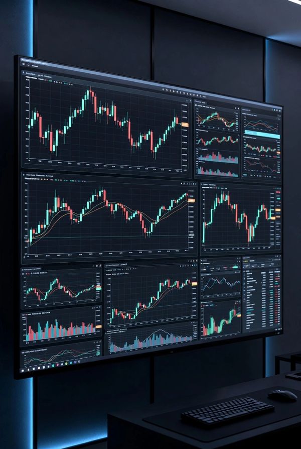 Large screen displays multiple financial charts and data in a dark room.