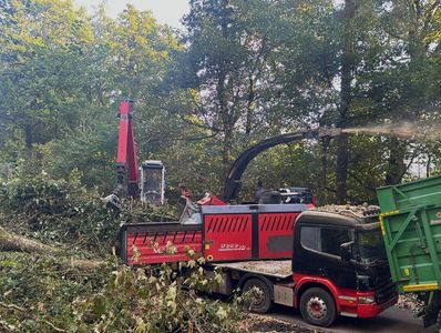 Roadside vegetation clearing and chipping by Knighton Countryside Management machinery.
