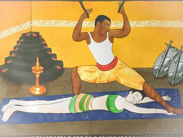 Artists depiction of a traditional Chavutti Thirumal session.