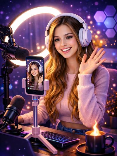 Young woman streaming live with headphones and microphone, waving at camera.