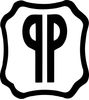 Black double P logo inside a wavy square frame.