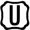 A black and white stylized letter 'U' inside a decorative border.