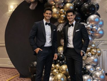 Two men in black tuxedos stand in front of a stylish balloon arch.