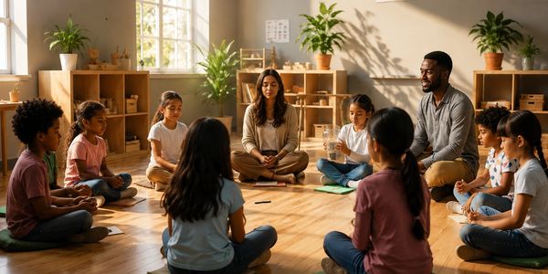 Children and two adults sit in a circle on a wooden floor in a bright classroom.