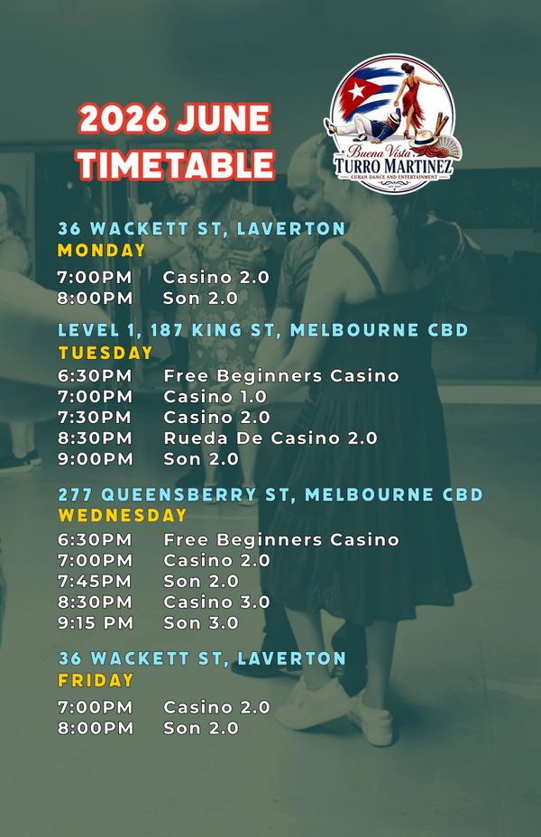 2026 June timetable for Cuban dance classes at multiple Melbourne locations by Turro Martinez.