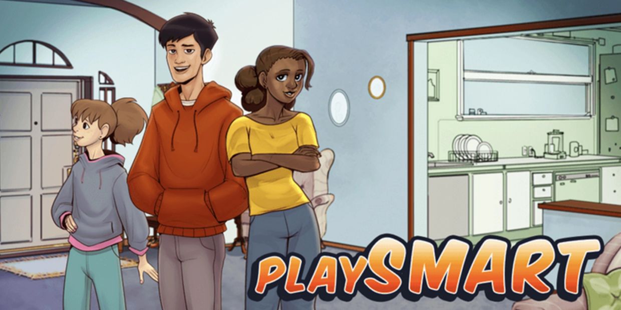 Three animated characters stand confidently in a living room with the word 'PlaySmart' below.
