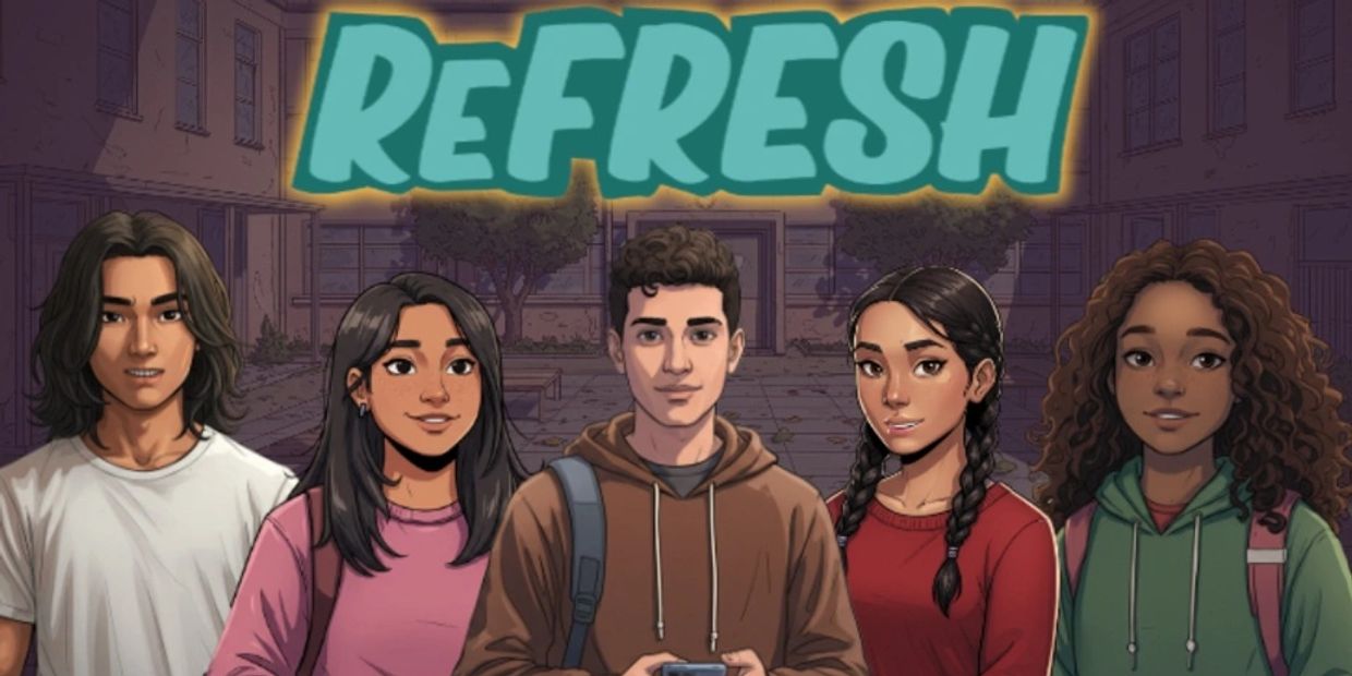 Five diverse young people standing in front of a building with the word 'REFRESH' above them.