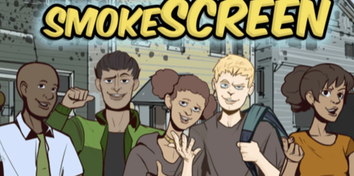 Five diverse cartoon characters under the word SMOKESCREEN.