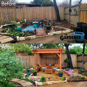Cedar wood pergola, Oklahoma flagstone and decomposed granite patio, cedar walls, garden design
