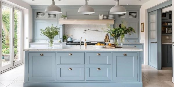 ocean blue shaker cabinets in a light kitchen with white and gray quartz