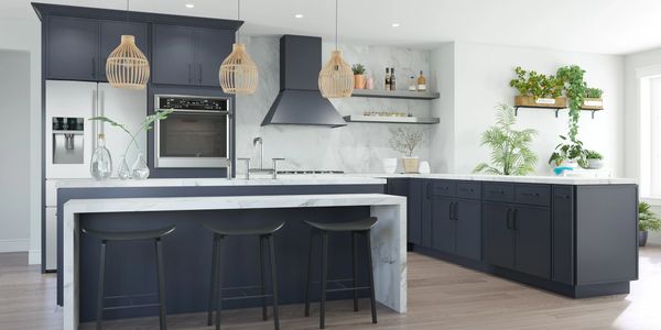 pitch black double shaker cabinets in a modern kitchen with white quartz