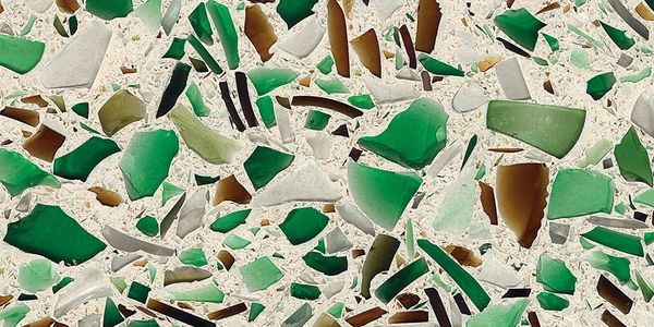 green and brown recycled glass slab with ivory and black