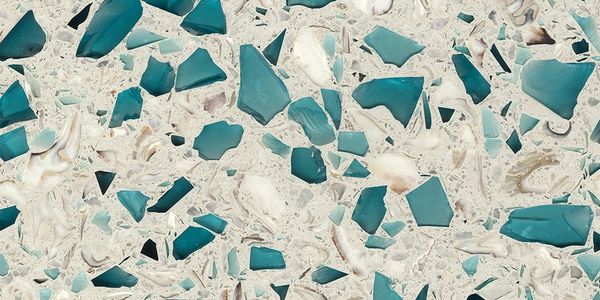 blue recyled glass slab with ivory and white