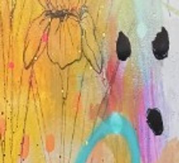 Clue #4: Abstract watercolor painting with splashes of orange, purple, and blue.