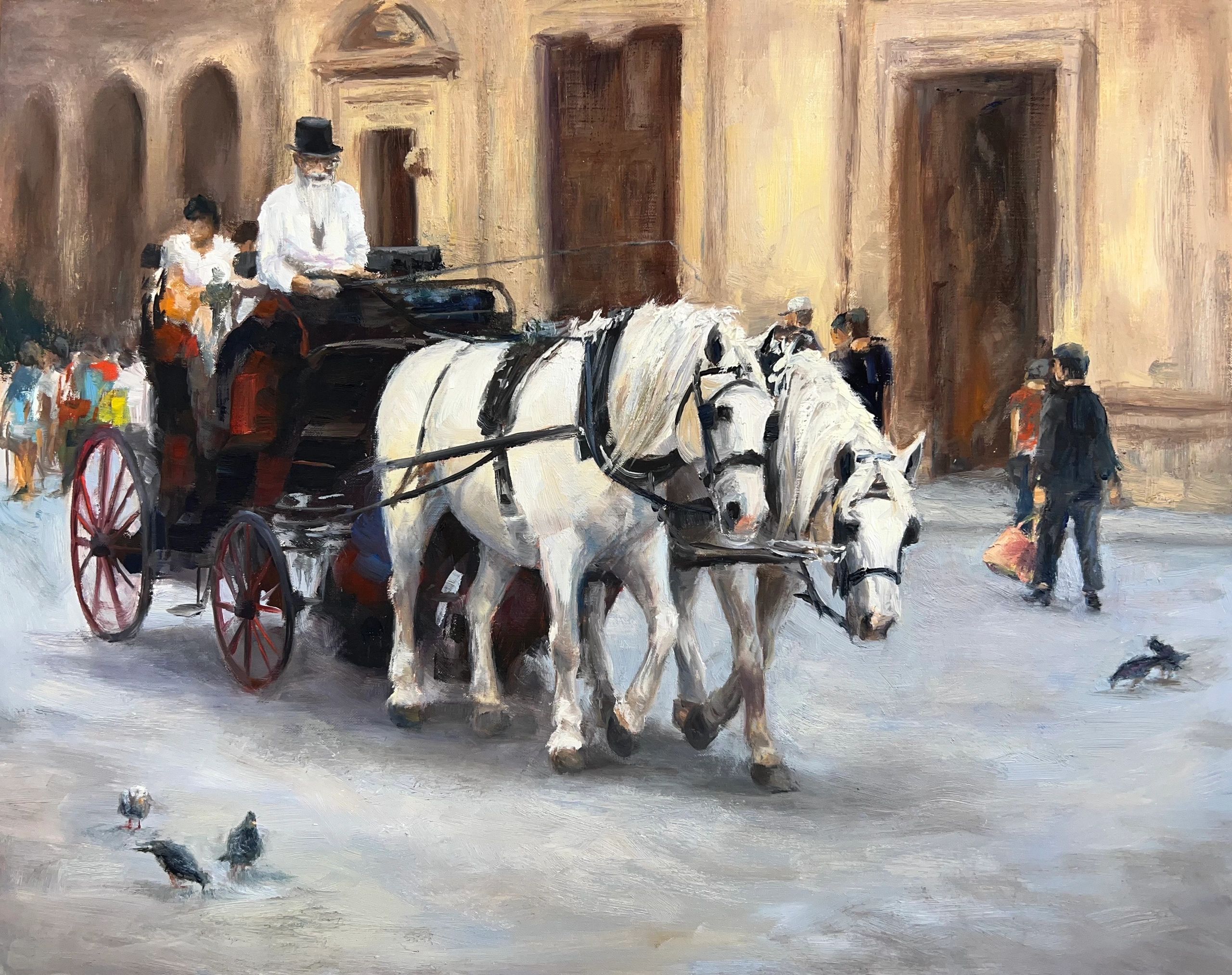 A dynamic team of tuscan trotters are depicted in this original oil by equine artist Carol Roark