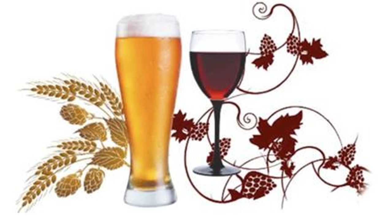 Beer and wine with grain and grape decorations.