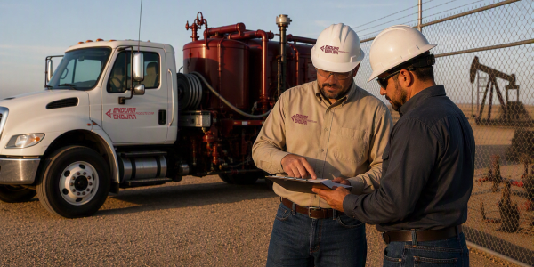 Two workers reviewing documents at an oil site.