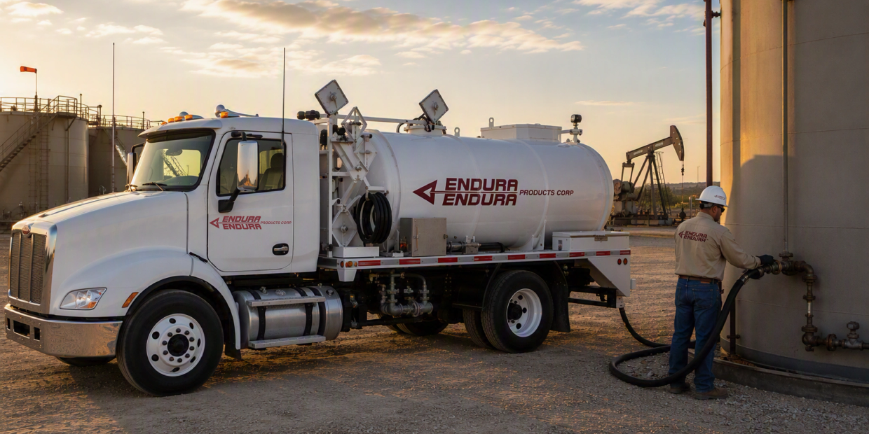 Worker in safety gear filling tank from Endura Products truck.