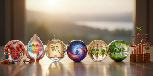 Seven glass spheres representing health, mind, knowledge, meditation, community, environment, and growth.