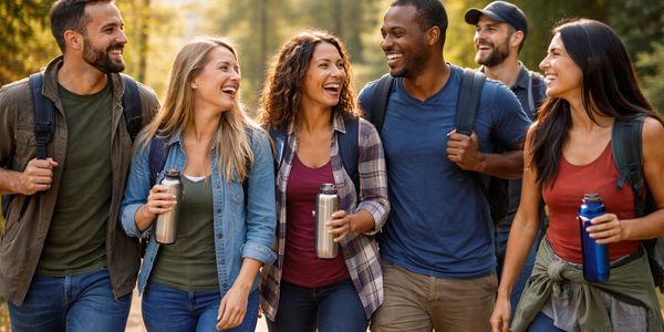 Group of friends hiking and laughing outdoors with water bottles and backpacks.