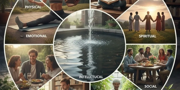 Visual representation of eight wellness dimensions with relevant activities and settings.