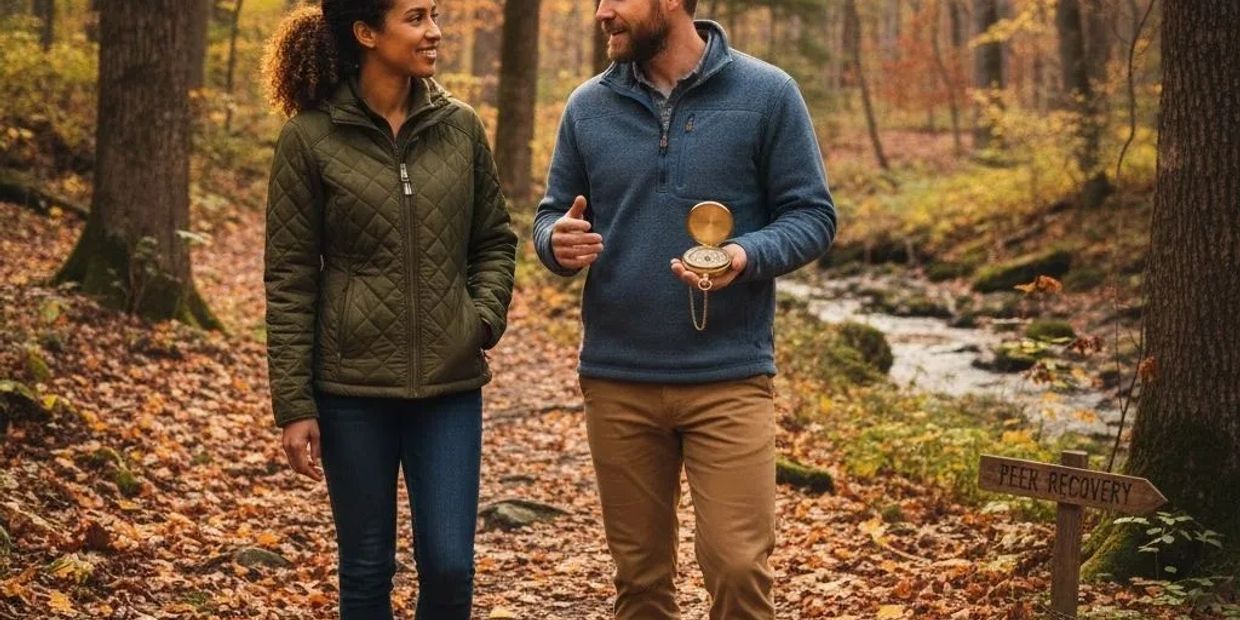 Two people hiking in autumn forest with a compass.