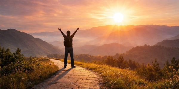 Person with arms raised on a mountain path at sunrise.