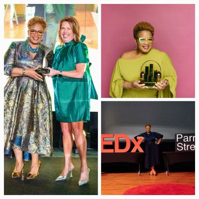 Woman smiling with awards and at TEDx event.
