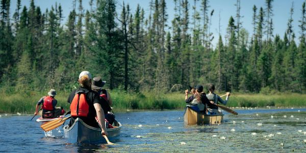 People canoeing on a calm lake surrounded by forest.