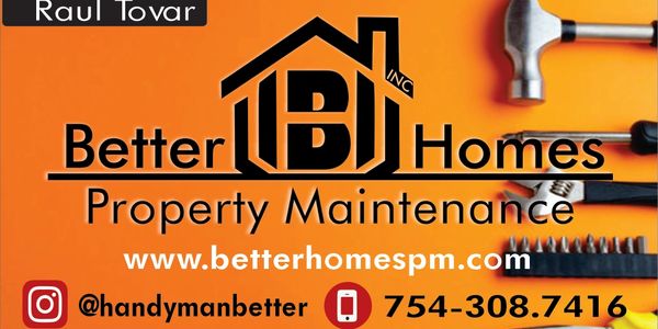 Business card for Better Homes Property Maintenance with contact info and tools background.