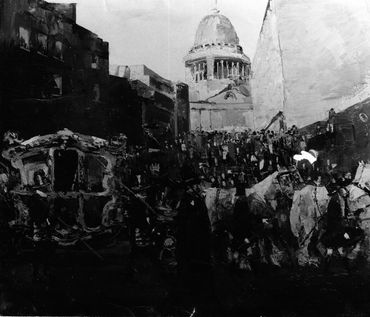 Black and white press photo of painting