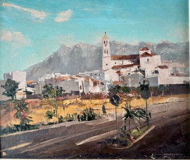 Painting of a road and church and mountains in the background