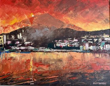 Painting of a sunset with water and land