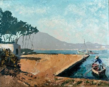 Painting of harbour and mountains in background