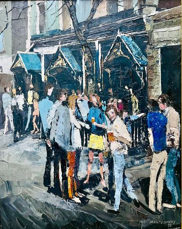 Painting of a group of people smiling and drinking outside a pub