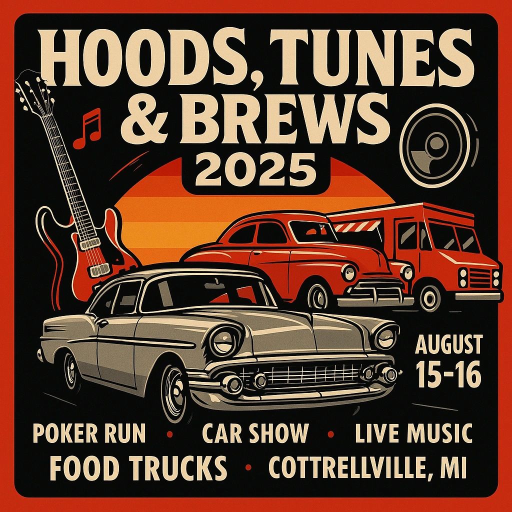 Poster for Hoods, Tunes & Brews 2025 car and music event.
