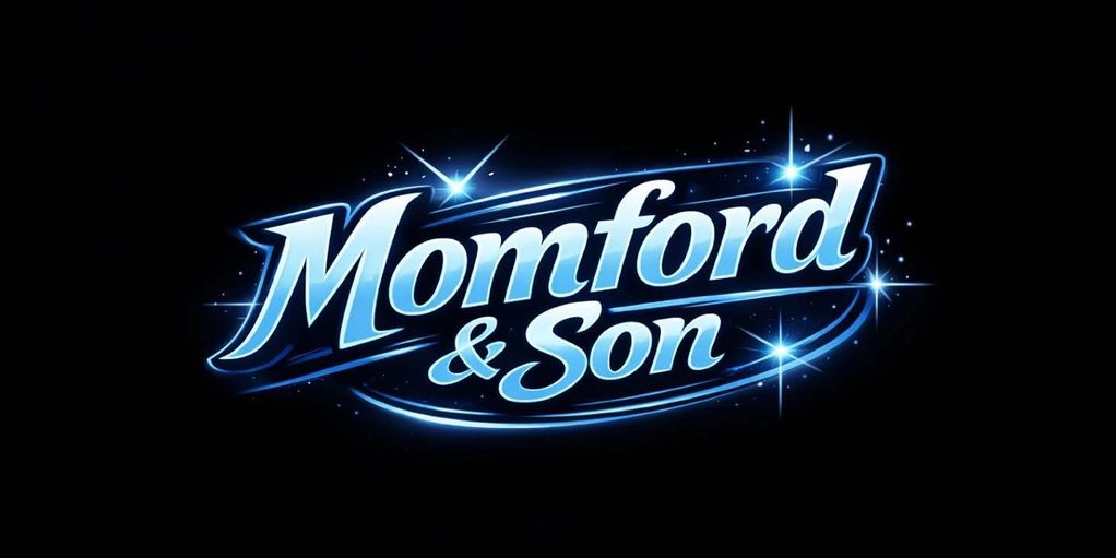 Glowing blue logo of Momford & Son on a black background.