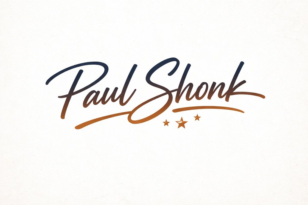 Stylish handwritten logo of the name Paul Shonk with three stars below.